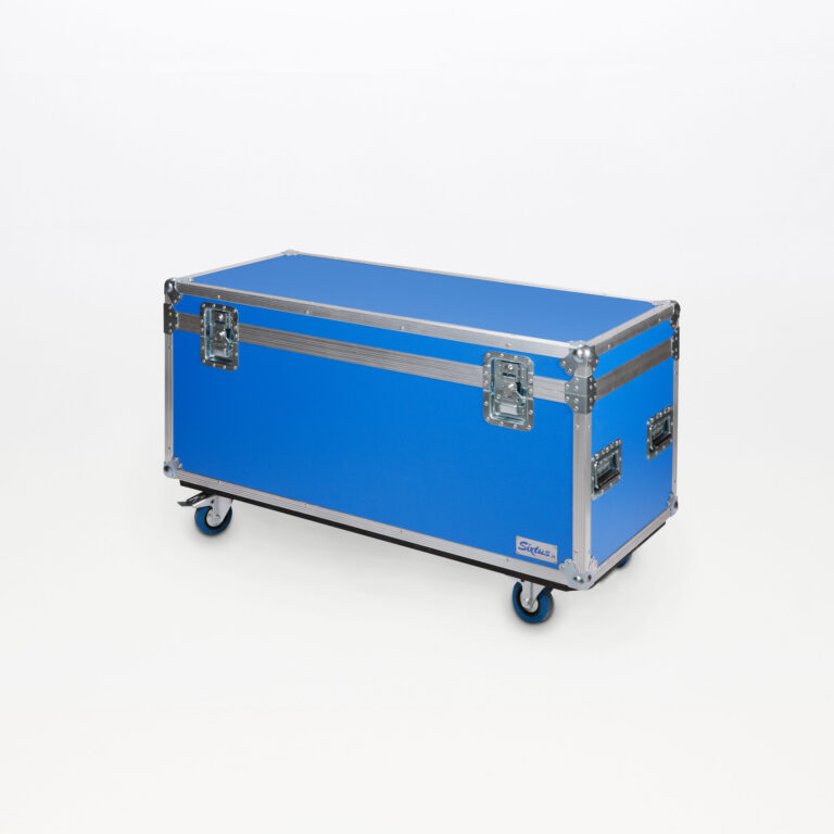 Blauwe Sixtus Flight Case Professional 120 met deksel, sluitingen en vier wielen